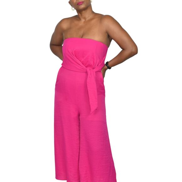Maeve Brin Tie Front Jumpsuit Pink Cropped Strapless Wide Leg Boning Anthro 4 - Picture 9 of 14